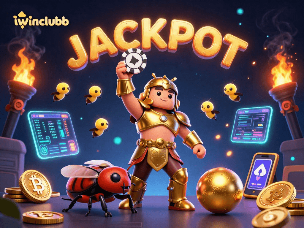 Exciting iwinclubb scene with cartoon beetles celebrating jackpot, showcasing vibrant casino elements.