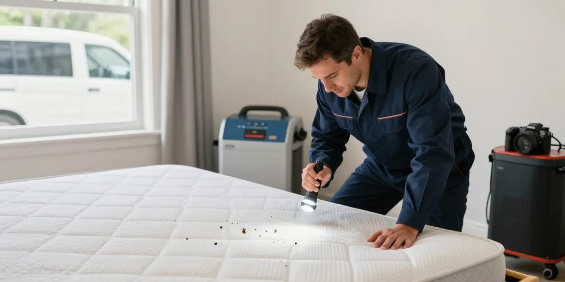 Professional inspecting for bed bugs during bed bug treatment in a bright, clean bedroom.