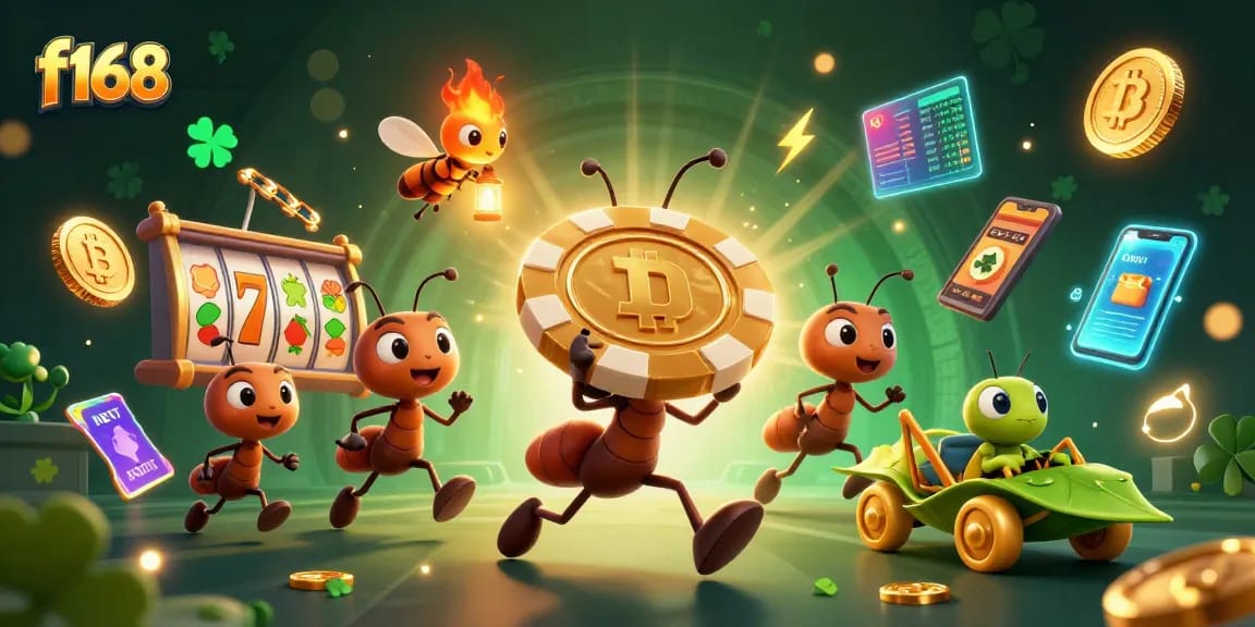 Join the f168 heist with ants and crypto coins in an action-packed casino scene