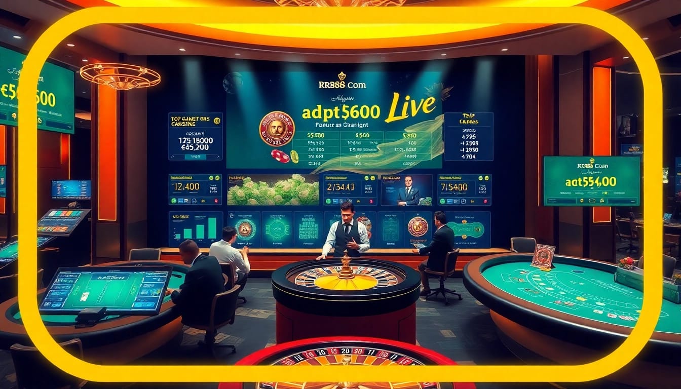 Exciting casino atmosphere featuring rr88 com logo with live dealers and engaging games.