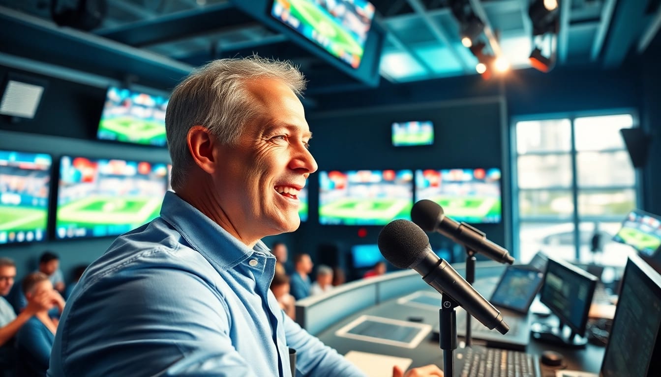 Engaging scene of Sports Broadcasting in a professional studio with vibrant colors and dynamic atmosphere.