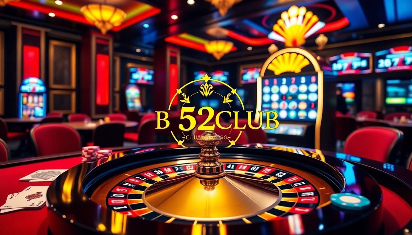 B52CLUB players enjoying a luxurious casino experience with roulette and poker chips.