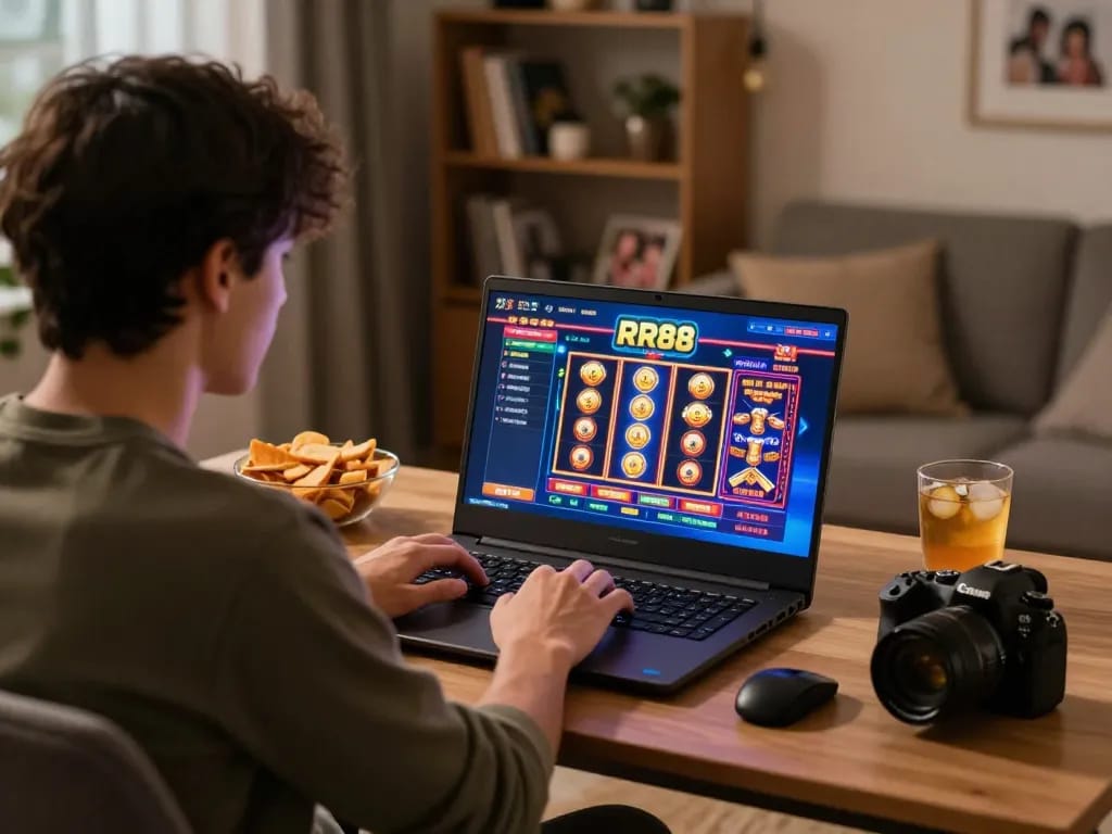 Player engaging with RR88 online casino on laptop, showcasing exciting gaming interface and personal space.