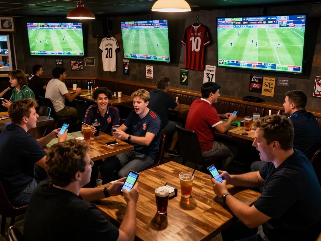 Sports fans engaging with cakhiatv, cheering on live events while placing bets on their smartphones.