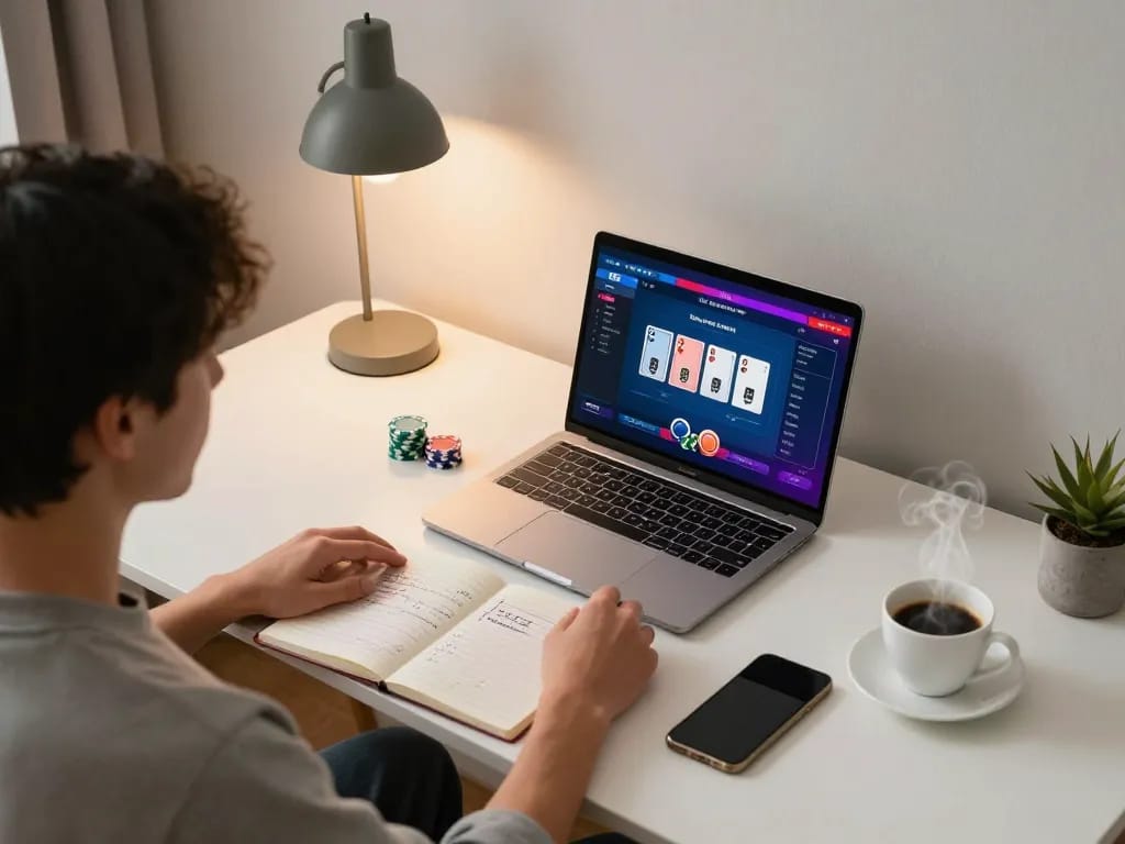 C168 player strategizing during online poker game at home, laptop interface showing gameplay