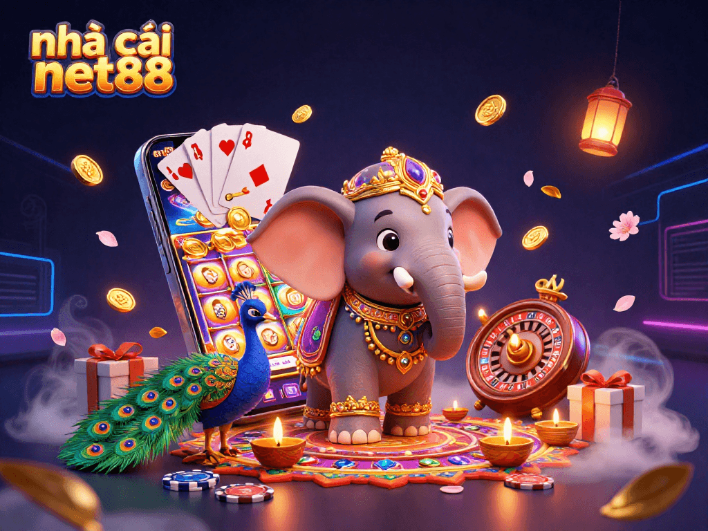 Experience excitement at nhà cái net88 with vibrant 3D casino-themed illustration showcasing dynamic gaming elements and playful characters.