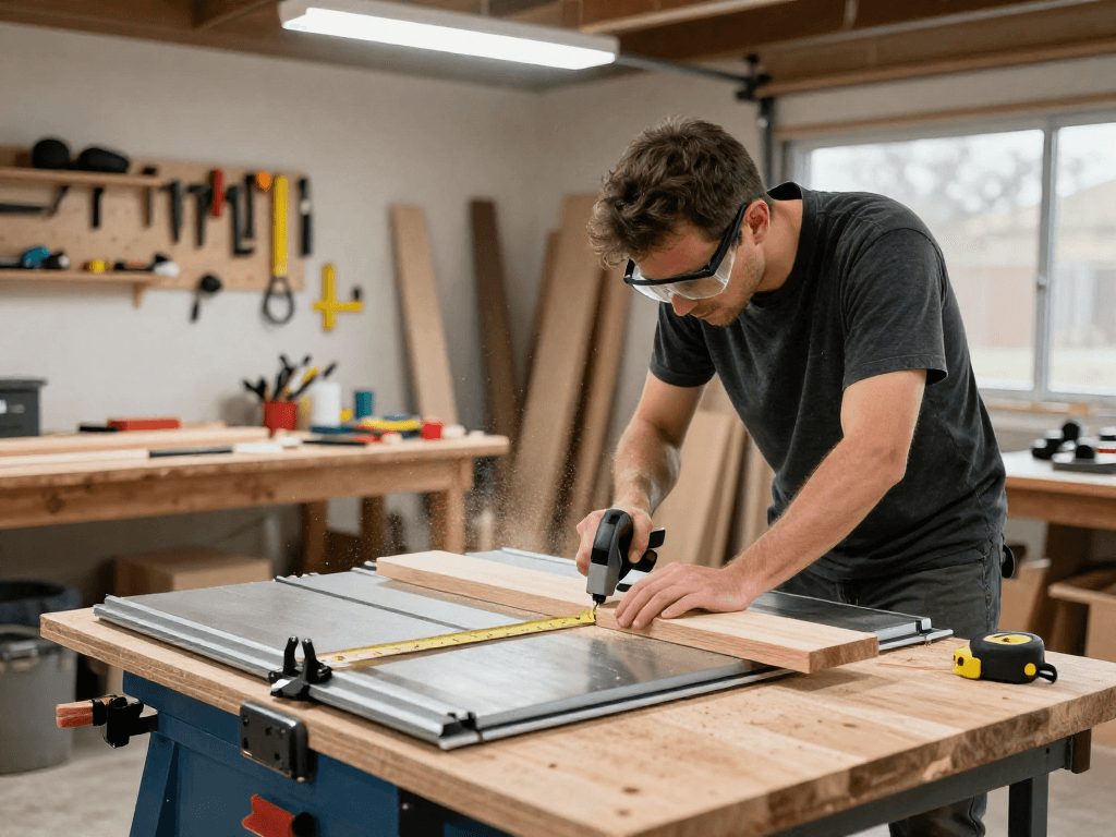 Crafting with a festool table saw in a bright home workshop.
