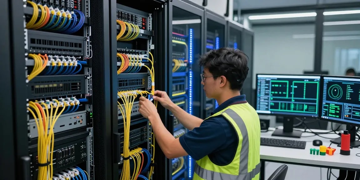 Technician installing optical cords in a high-tech data center environment.