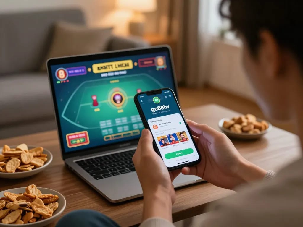 Hands engaging with go88hv app for thrilling online gambling experience at home.
