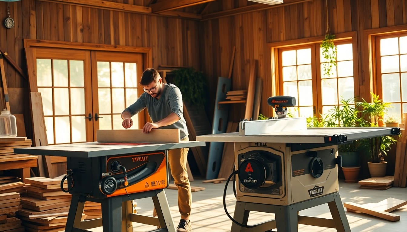 The table saw and miter saw combo enables precise cuts, as a craftsman expertly measures wood in a sunny workshop.
