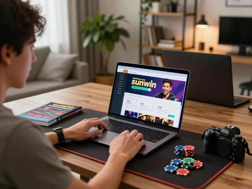 Engaging player at home gaming setup with nhà cái sunwin on the screen, surrounded by strategic materials