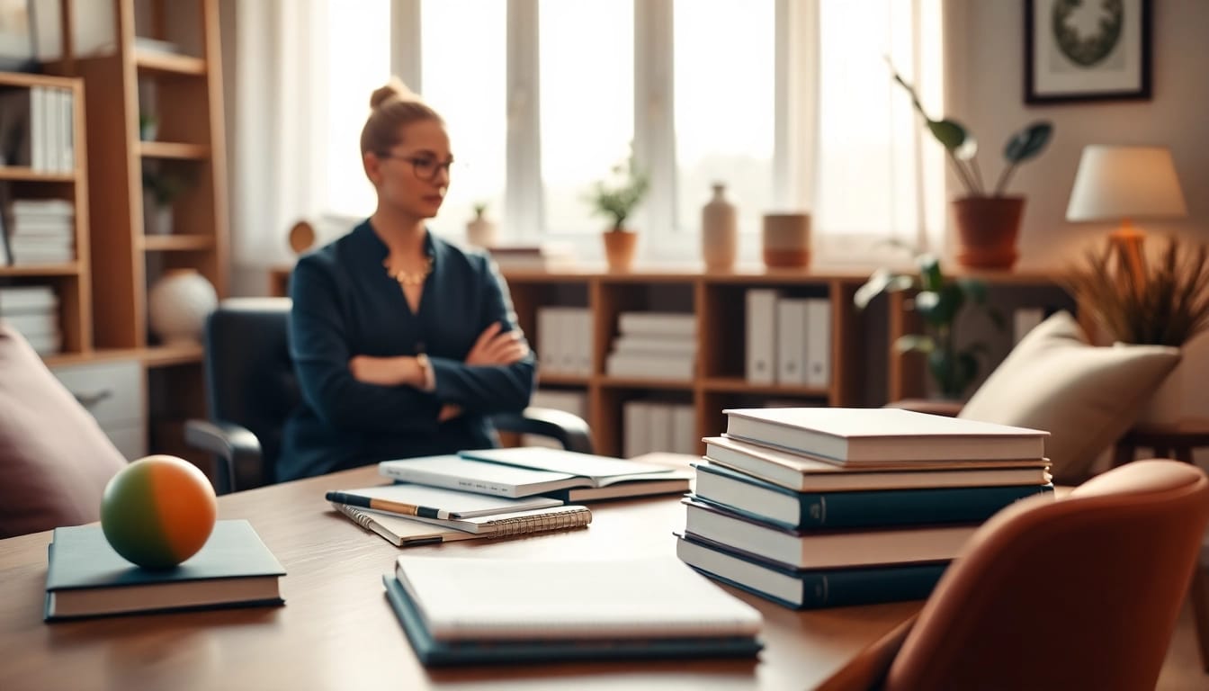 Engaging mental health tips presented in a calming office environment with supportive resources.