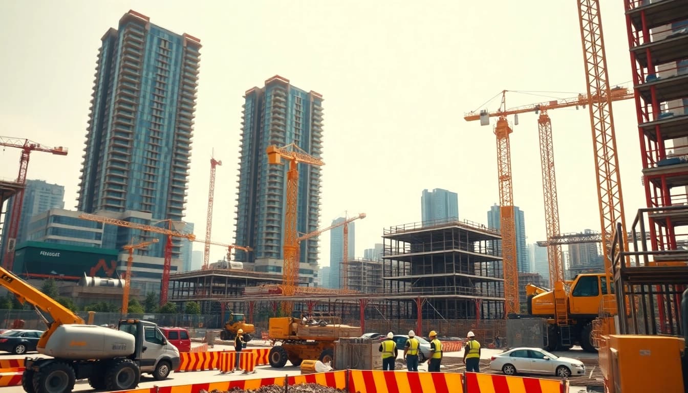 Engaged workers during construction events highlight an active urban construction site with machines.
