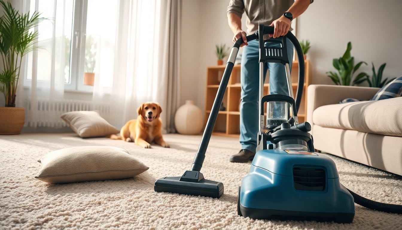 Efficient pet odor carpet cleaning demonstrated by a professional in a cozy living room.
