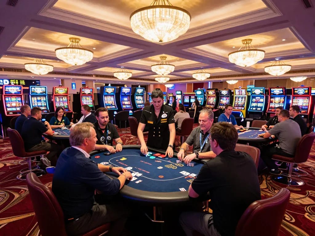 Excited players gathered for poker games at https://gg88live.com/ in a vibrant Las Vegas casino atmosphere.