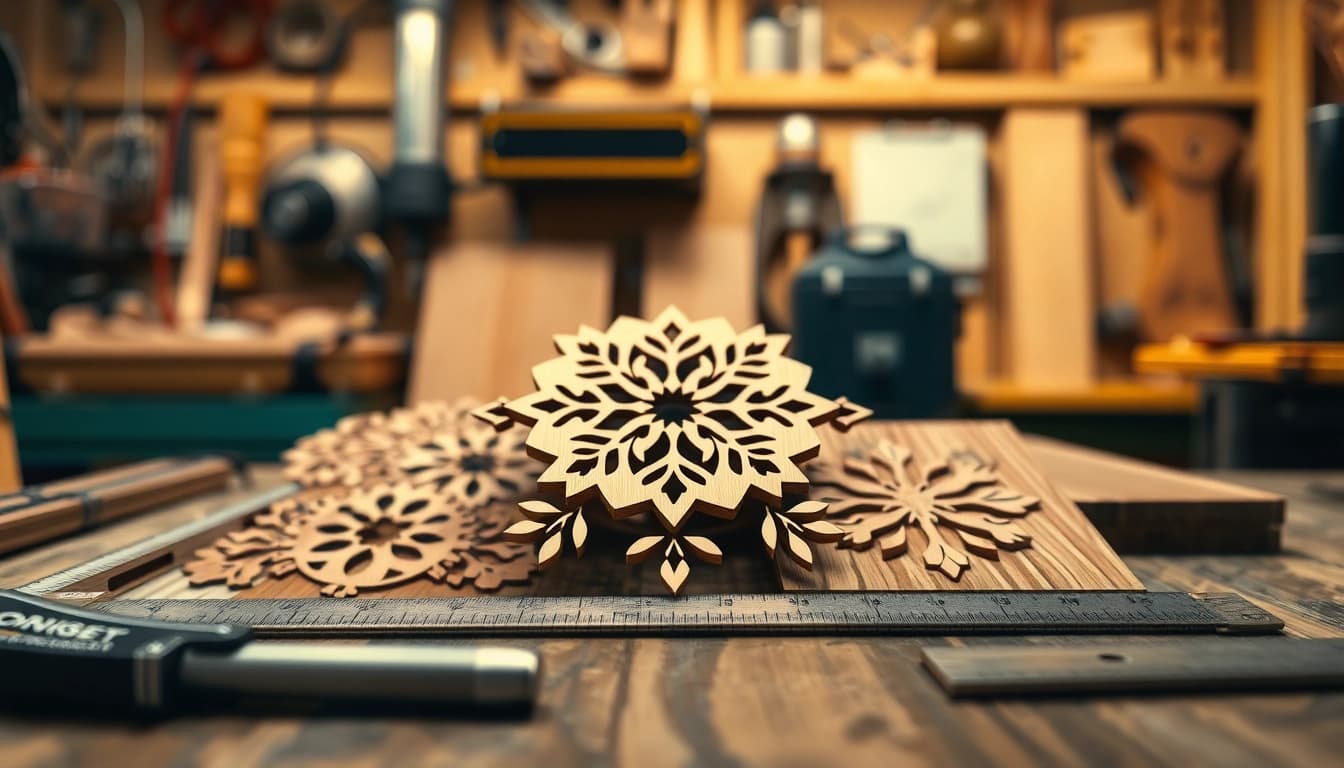 Showcasing custom laser design on wood and metal, featuring intricate patterns and tools.