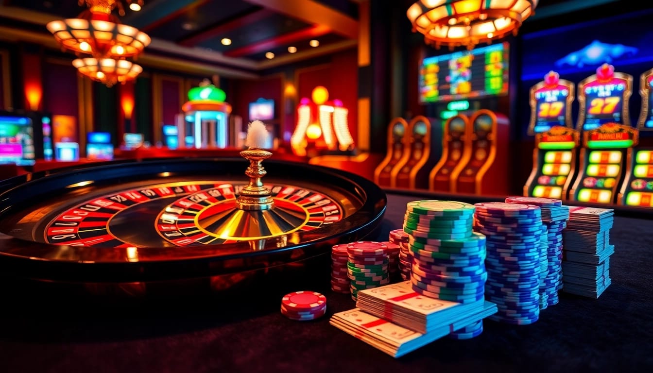 Experience the thrill of RR88 with poker chips, a roulette wheel, and a luxurious casino atmosphere.