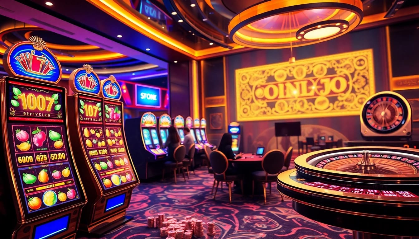 Nổ hũ online gaming scene showcasing vibrant slot machines and players engaged in betting.