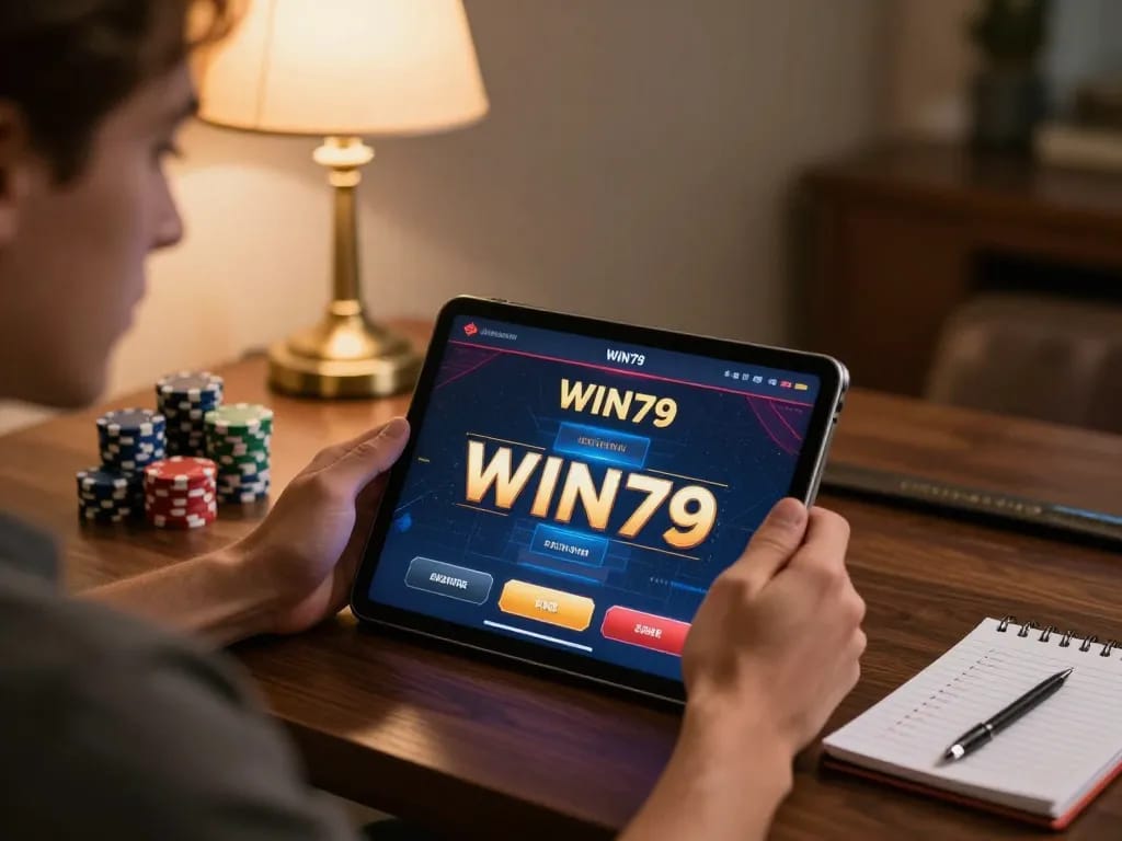 Engaging gaming with WIN79 on tablet, cozy home ambiance, strategic poker setup.