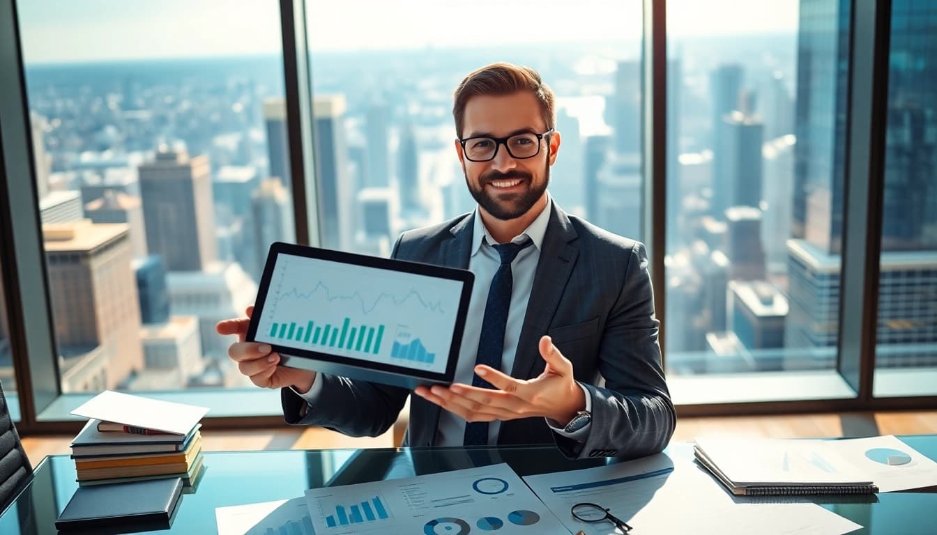 Advisor offering investment advice with financial graphs in a modern office.