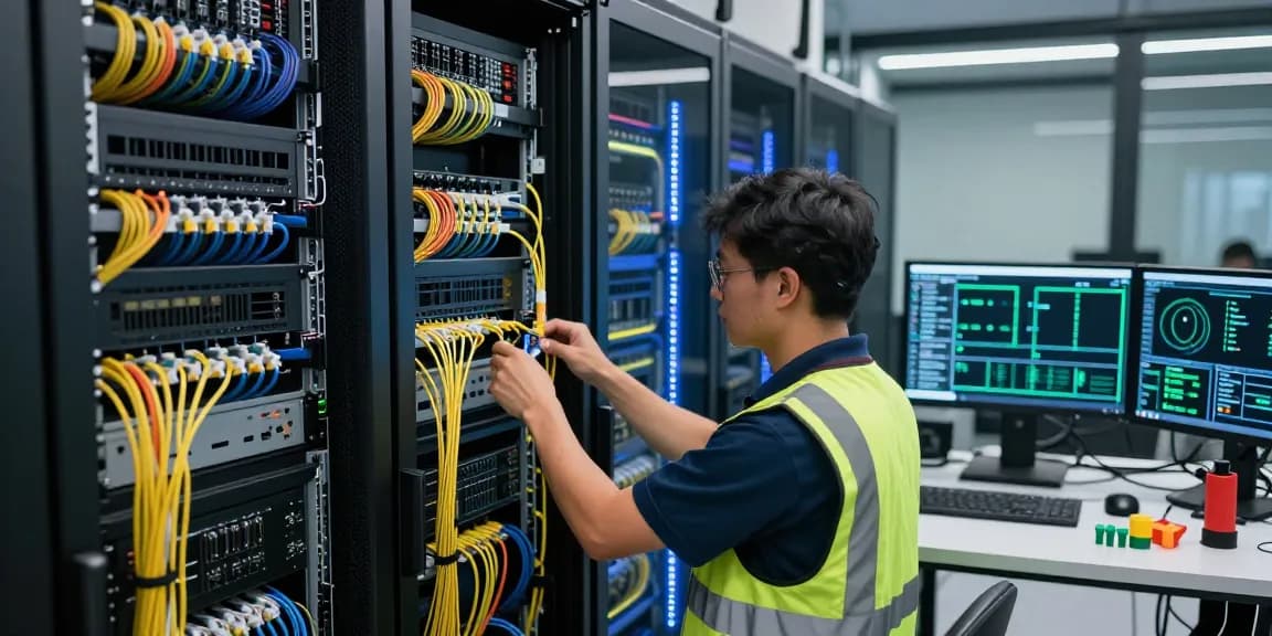 Technician installing optical cords in a high-tech data center environment.