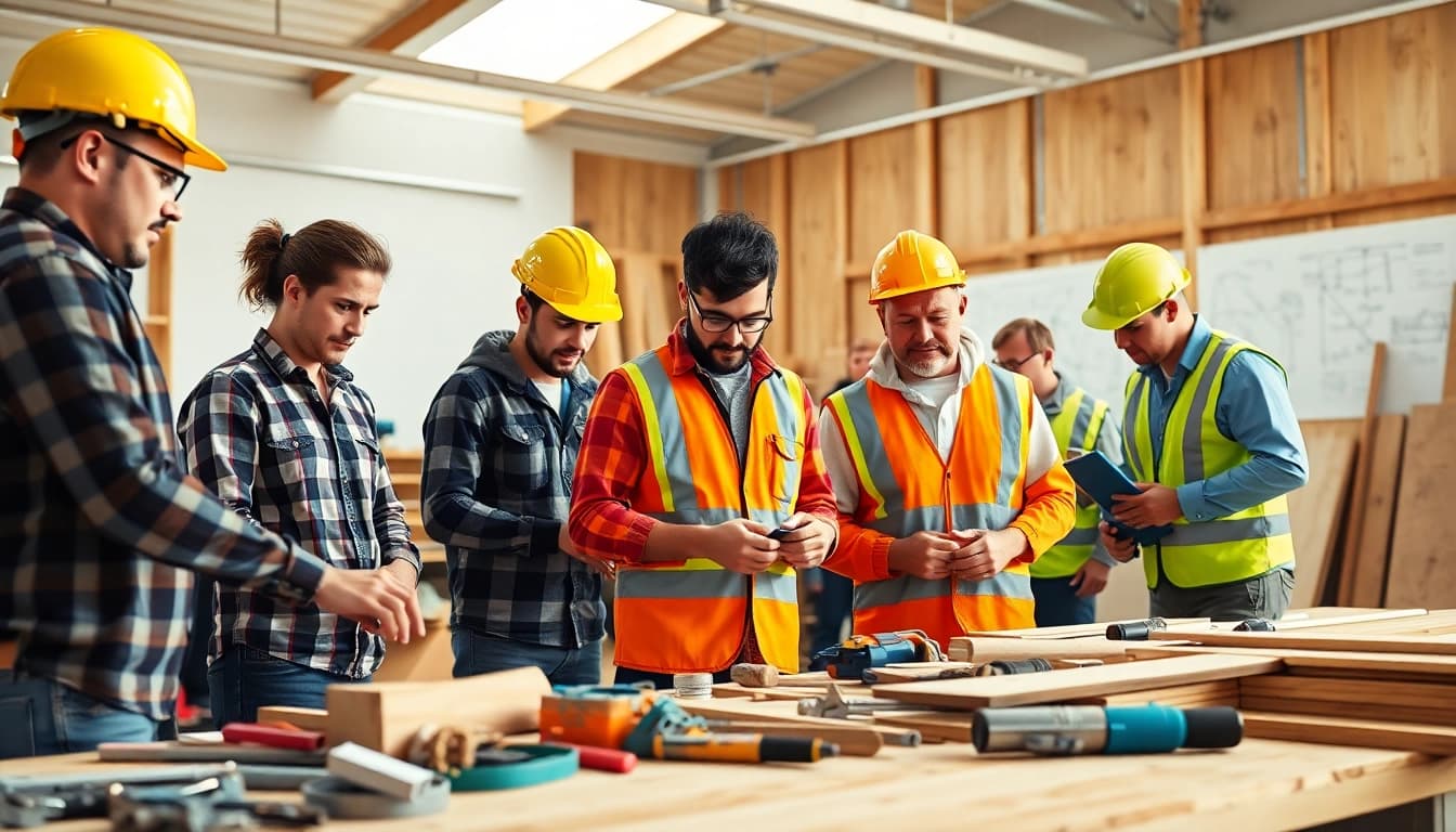 Engaged learners in construction training programs practicing skills in a collaborative workshop.