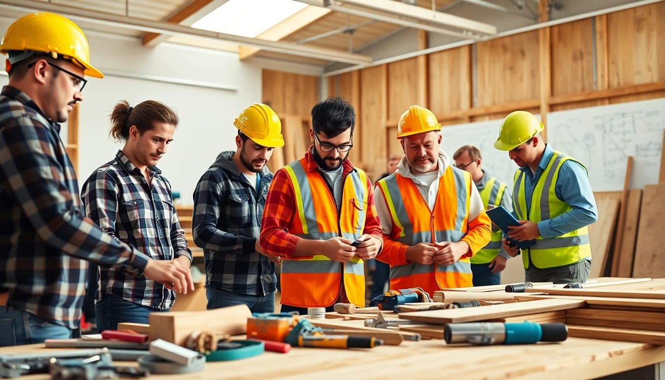 Engaged learners in construction training programs practicing skills in a collaborative workshop.