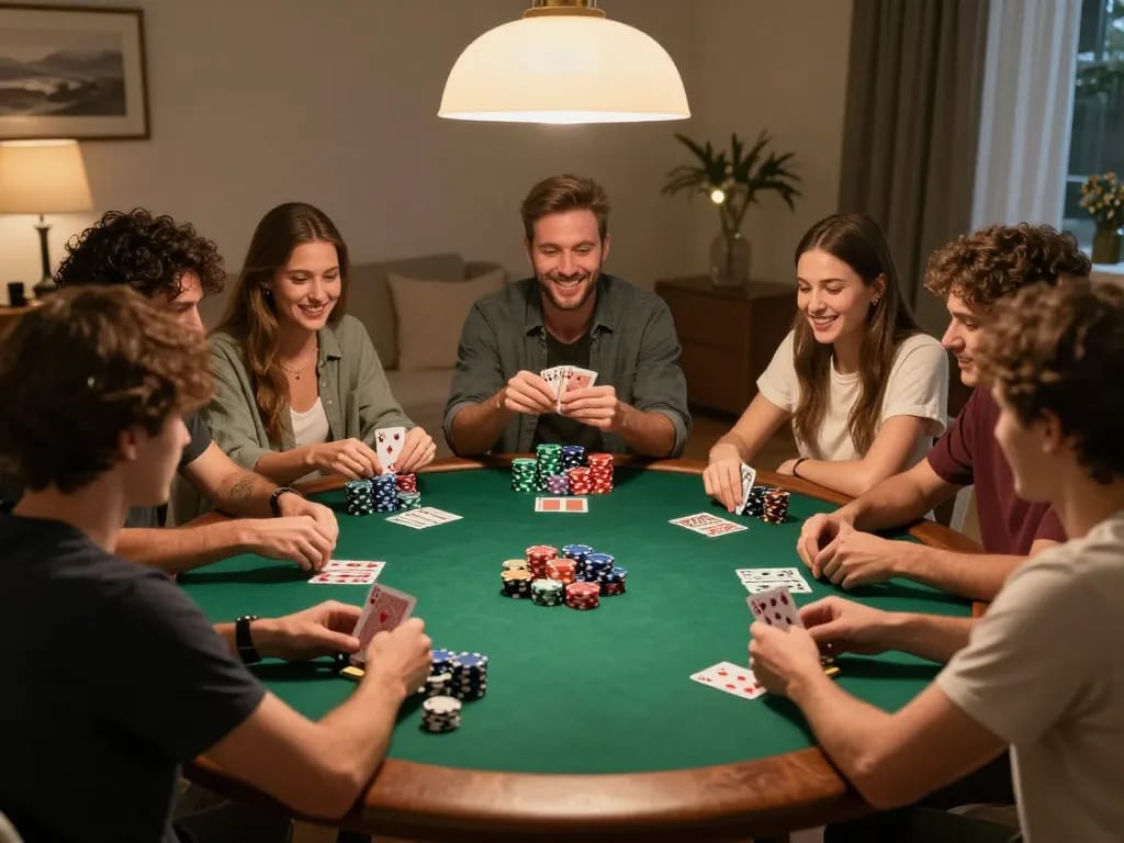 Friends enjoying exciting poker night at home, showcasing energetic atmosphere and social interaction related to bóng đá trực tuyến.