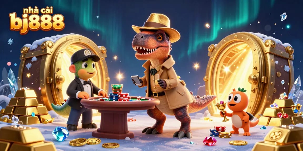Experience thrilling action at nhà cái bj888 with a cartoon velociraptor counting cards and treasures in a vibrant casino scene.