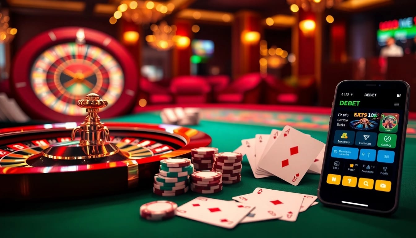 Bet on winning strategies with the DEBET app, showcasing a luxurious casino experience.