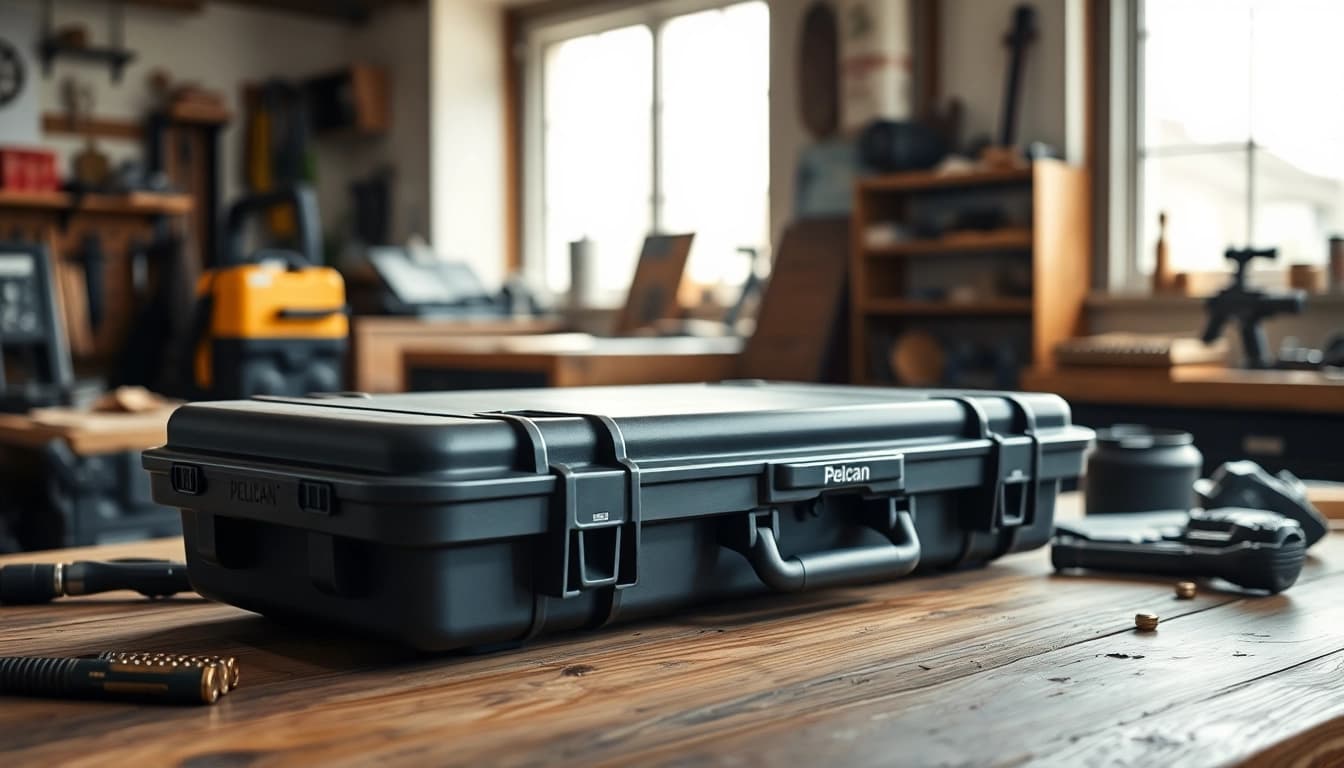 Showcasing a pelican gun case for sale in a detailed workshop setting, emphasizing durability and style.