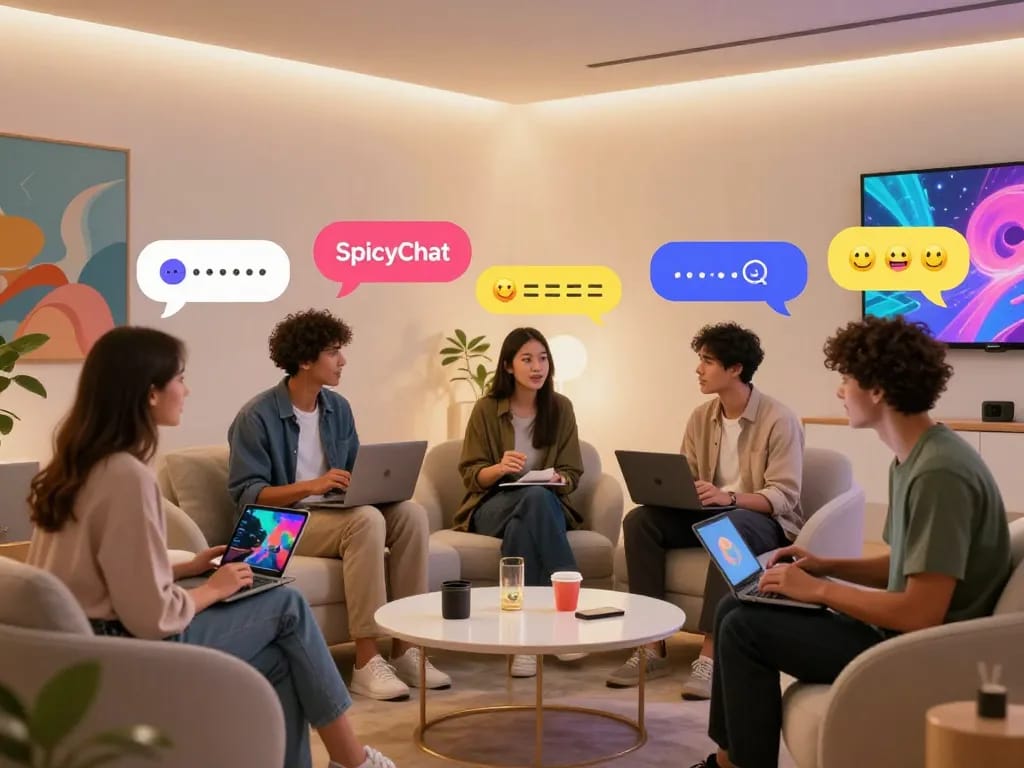 Interactive SpicyChat session with diverse users and engaging AI characters in a modern digital workspace.