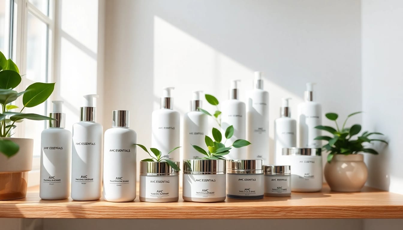 Showcase skincare products from AMC Essentials arranged on a sunny shelf, enhancing natural beauty.
