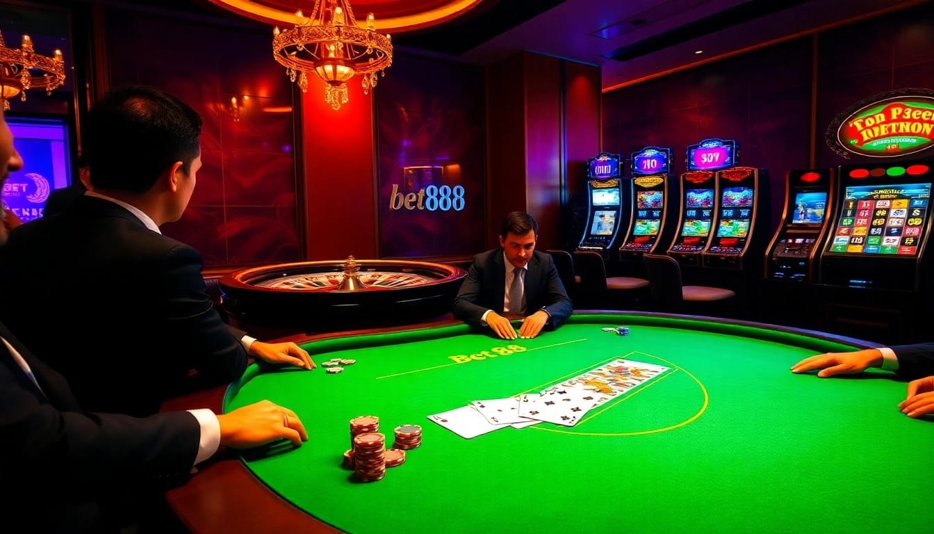 Experience high-stakes poker at Bet88, with vibrant chips, cards, and an exciting casino atmosphere.