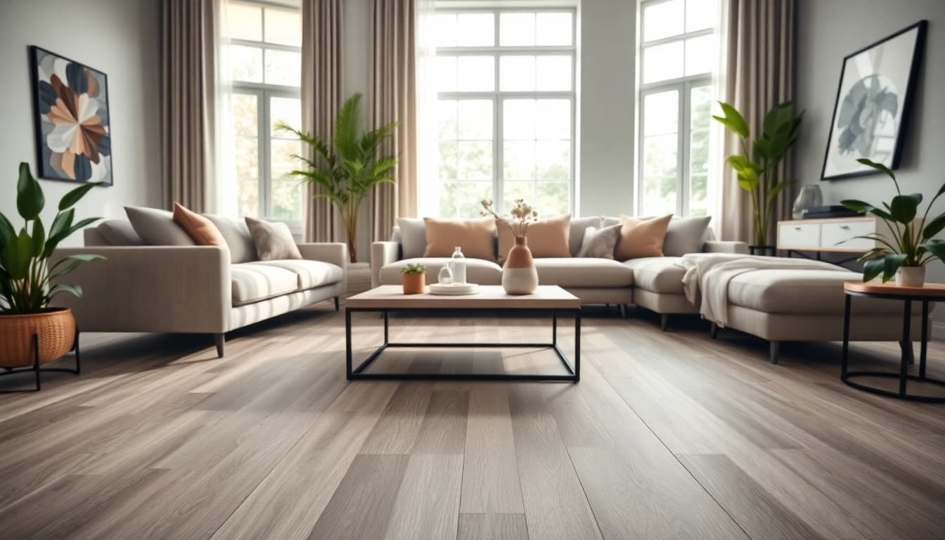 Showcasing vinyl plank flooring in a modern living room with stylish decor.