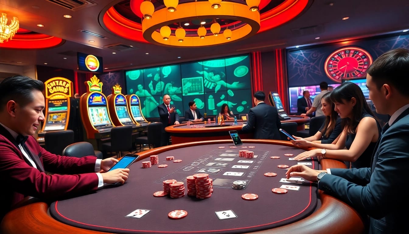 Experience the thrilling atmosphere of Trang Chủ QQ88 with high-stakes poker and vibrant slot machines.