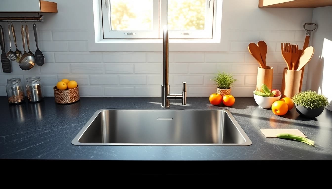 Enhance your kitchen features with a stylish stainless steel sink showcasing its sleek design.