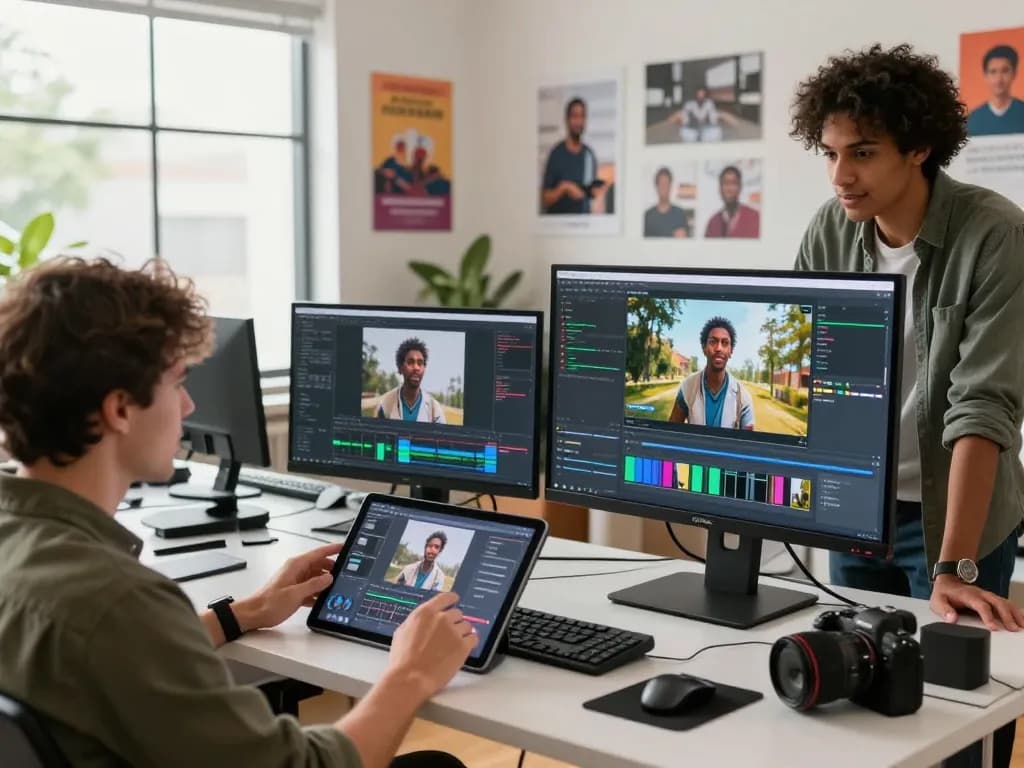 Team collaborating on mind control AI-powered video creation in a modern workspace with vibrant visuals and technology.