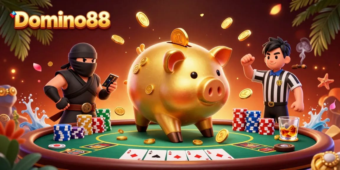 Engage in thrilling poker action at Domino88 with a vibrant 3D illustration showcasing dynamic characters.