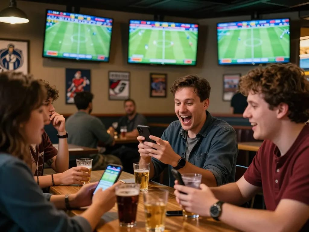 nhận định bóng đá strategies in a lively sports bar with fans placing bets.
