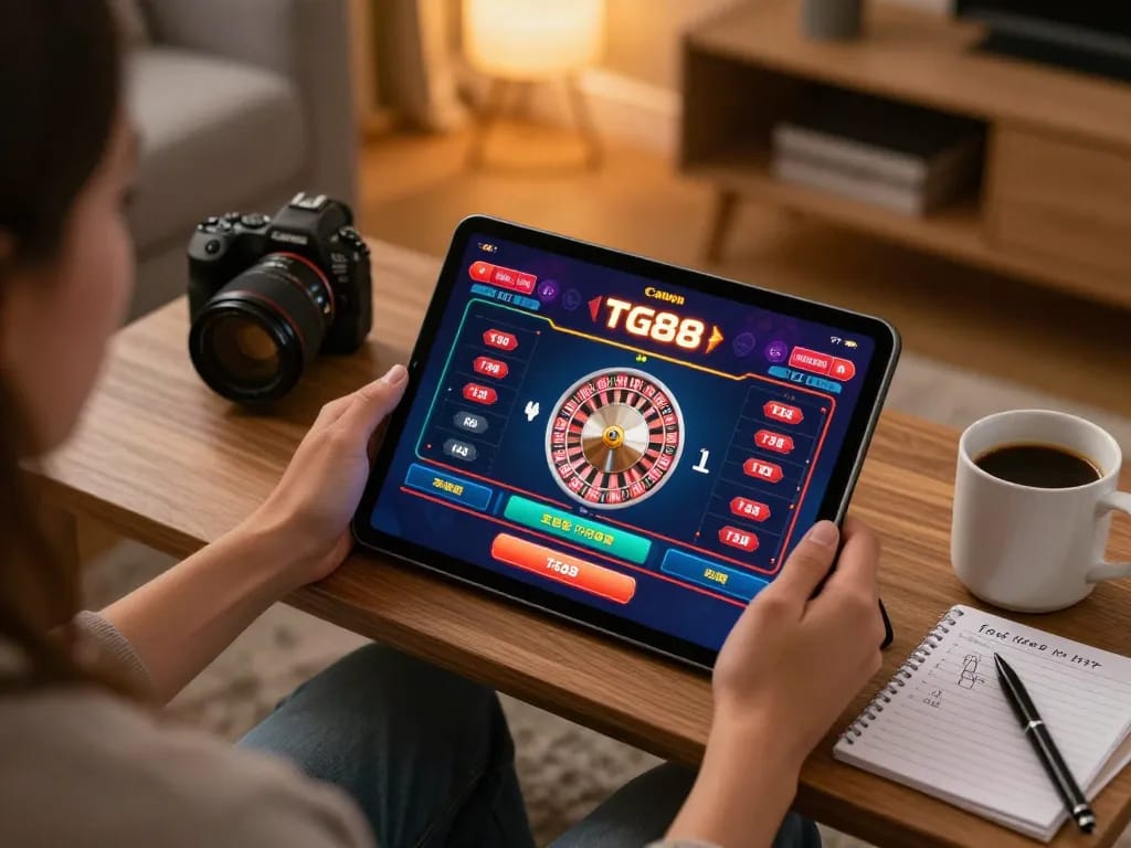 Engaging with TG88 casino app on tablet in cozy home setting, showcasing online gaming.
