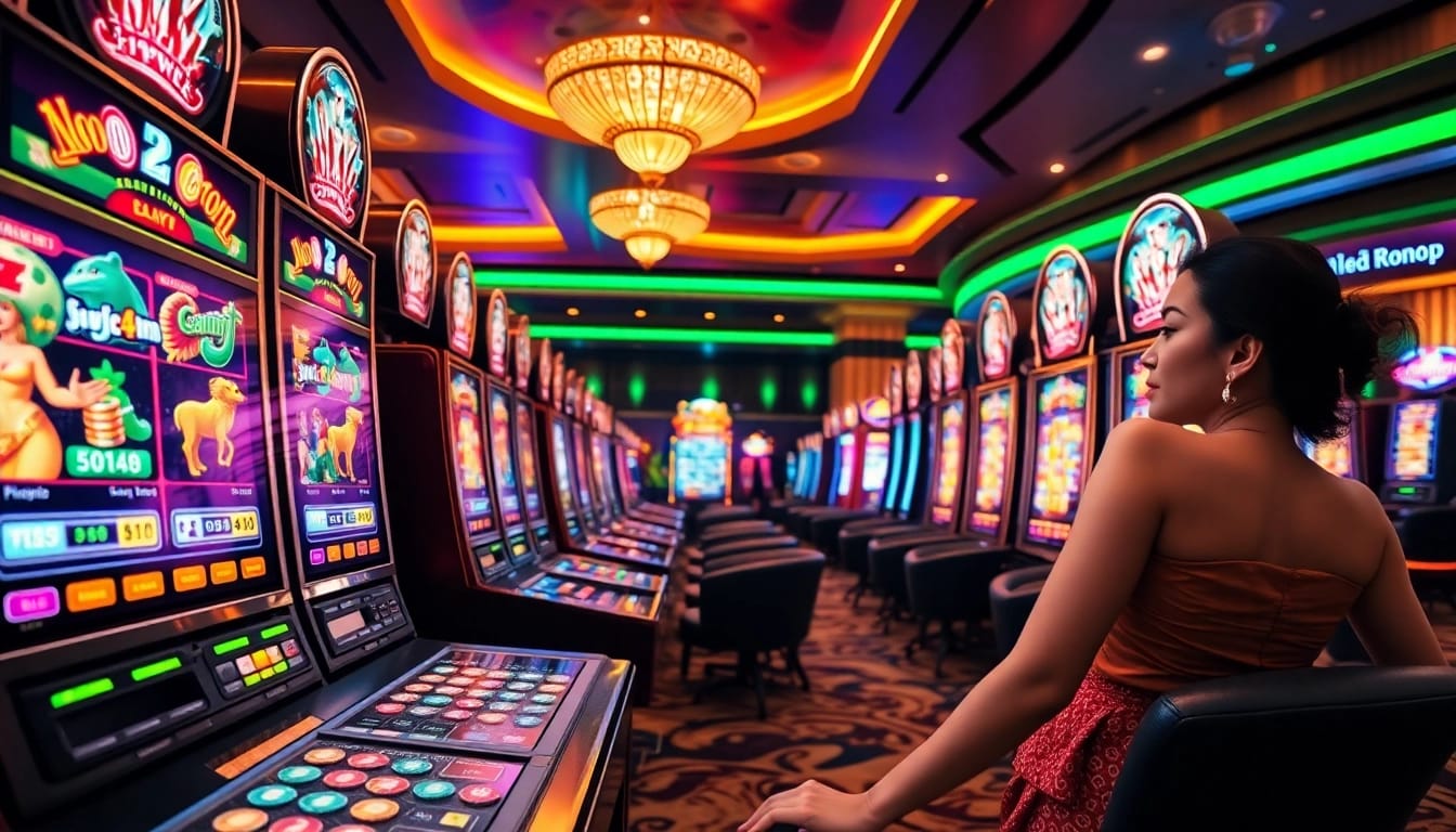 Playing Nổ hũ 69VN slots with vibrant machines and colorful poker chips.