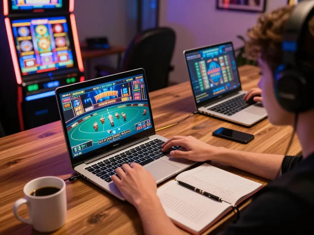Playing slots and poker on f168biz.com, showcasing an immersive home gaming experience.