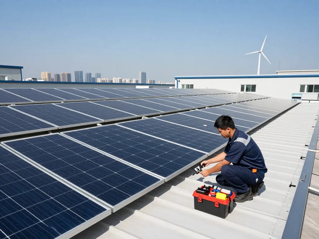 PPA smlouva pro solární energii and expert technicians installing solar panels on a rooftop, showcasing renewable energy innovation.