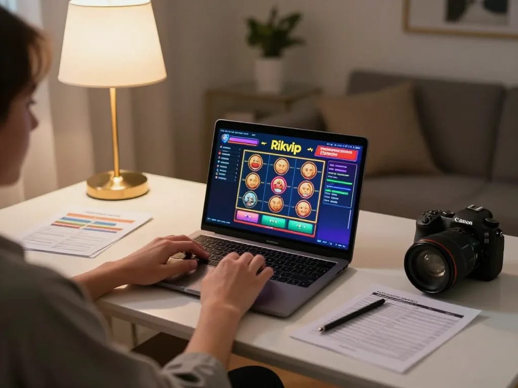 Playing vibrant slot games on Rikvip while strategizing in a cozy home office.