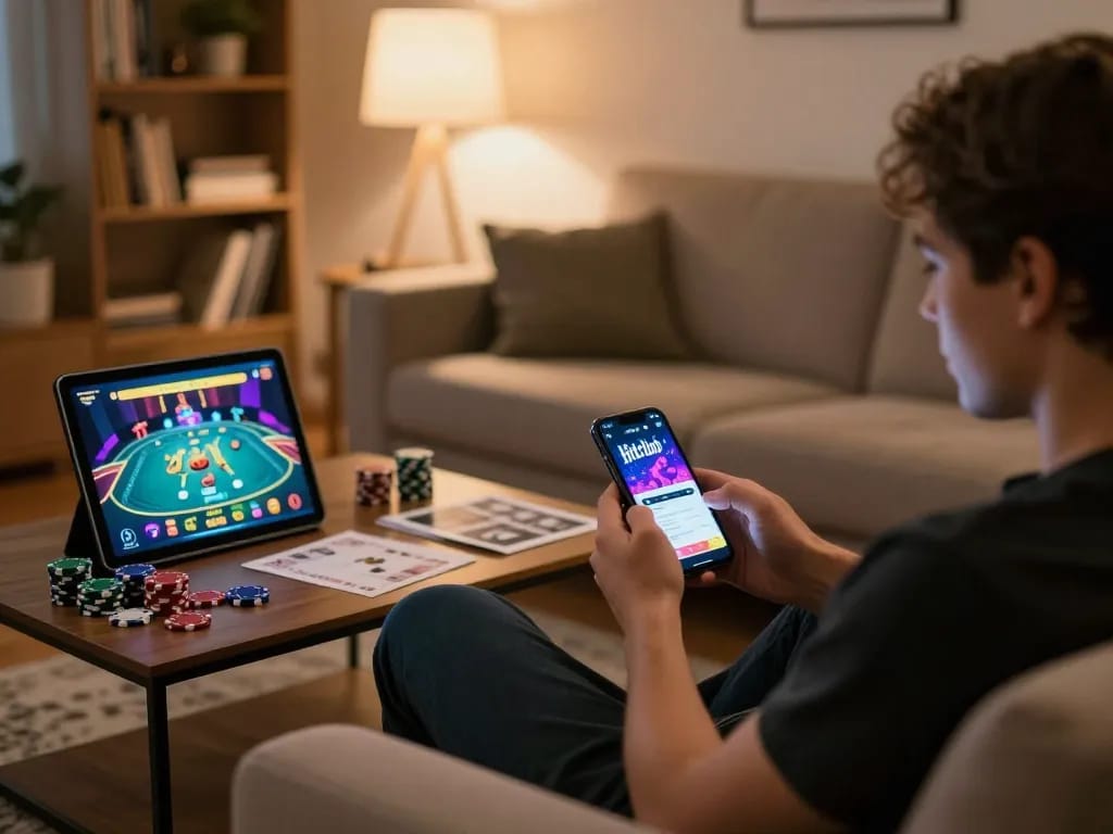 Engaging in gameplay on Hitclub app from a cozy home setup, with smartphone and poker chips visible