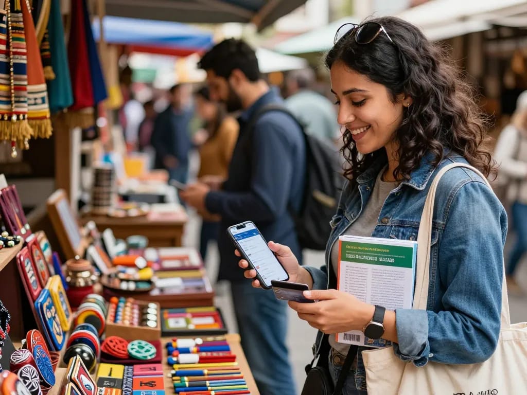 Using an International Debit Card for a purchase at a vibrant foreign market.