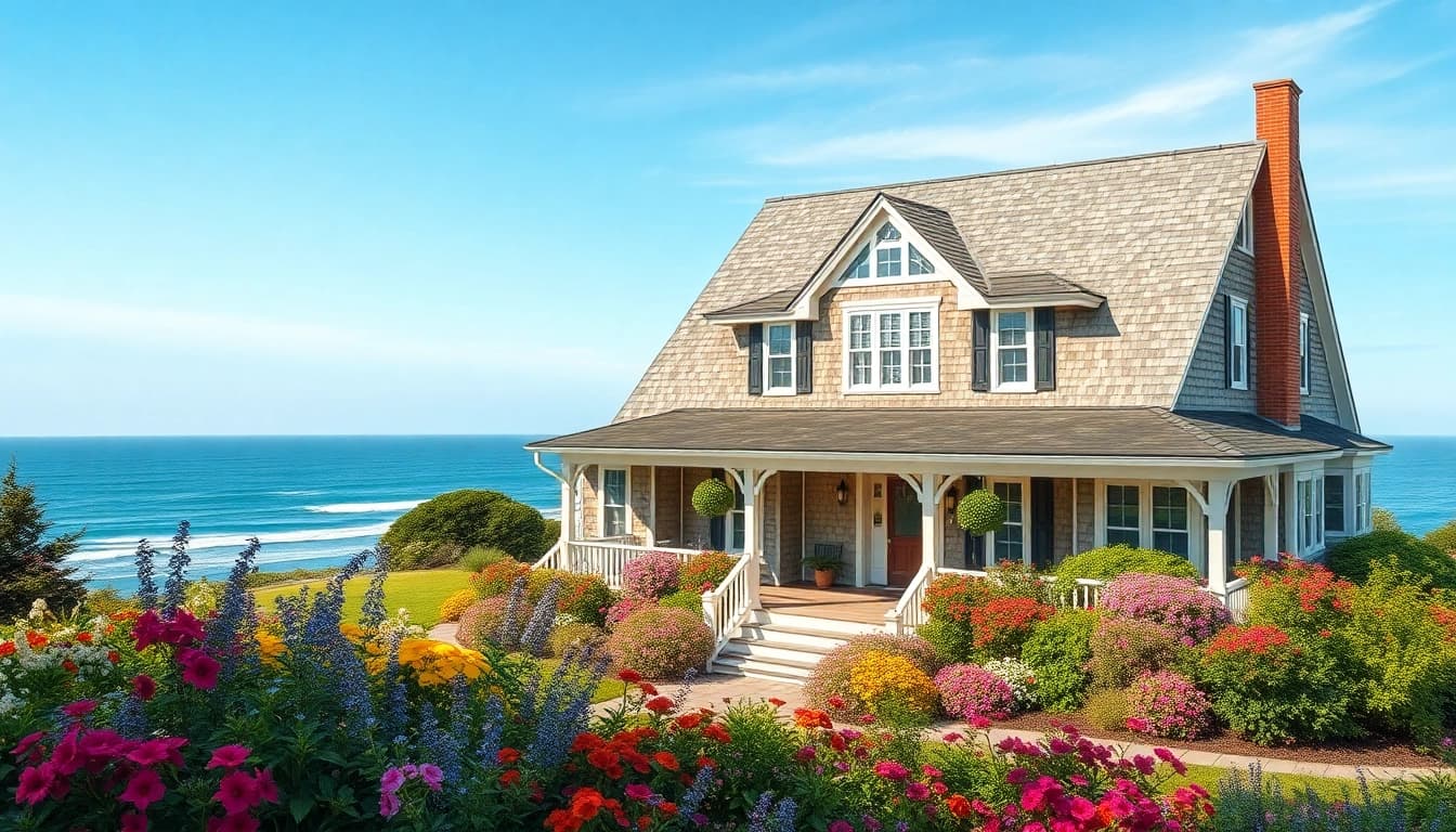 Cape Cod homes with beautiful gardens set against serene coastal backdrop.