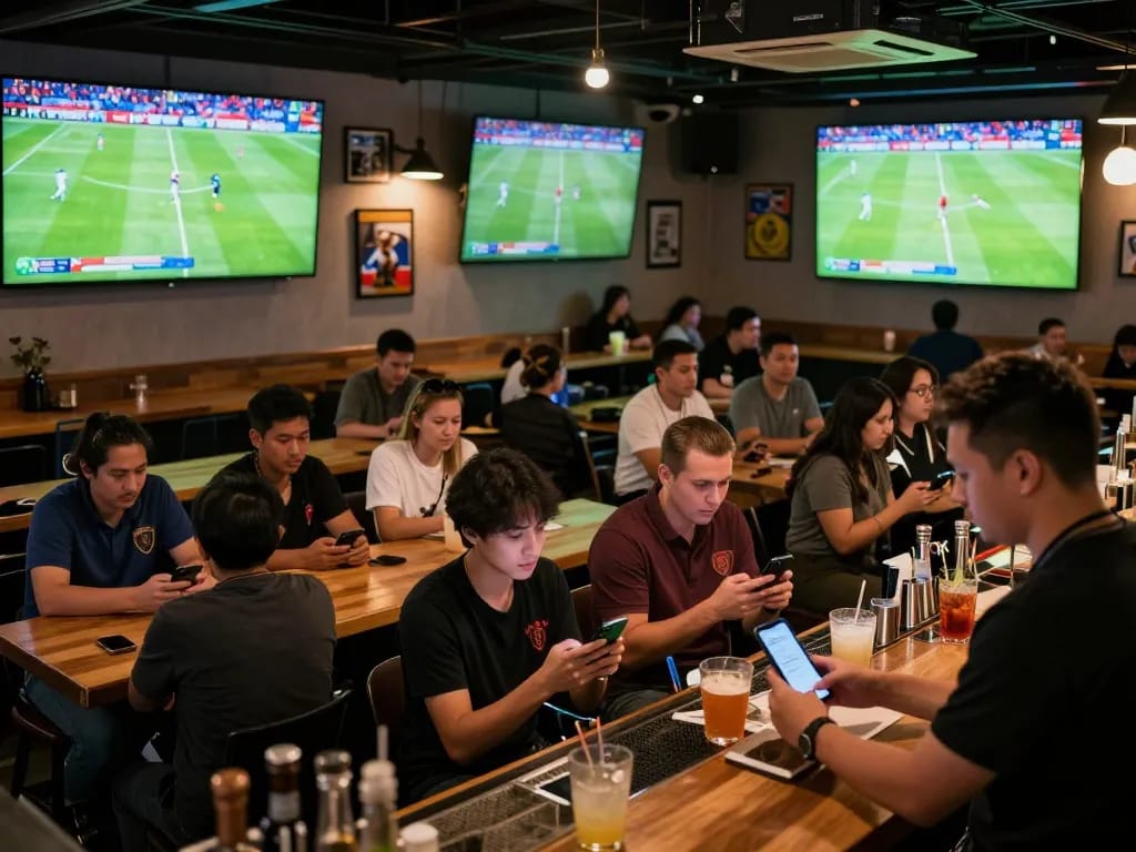 Enjoying bóng đá trực tuyến in an enthusiastic sports bar environment with fans engaged in live match viewing.