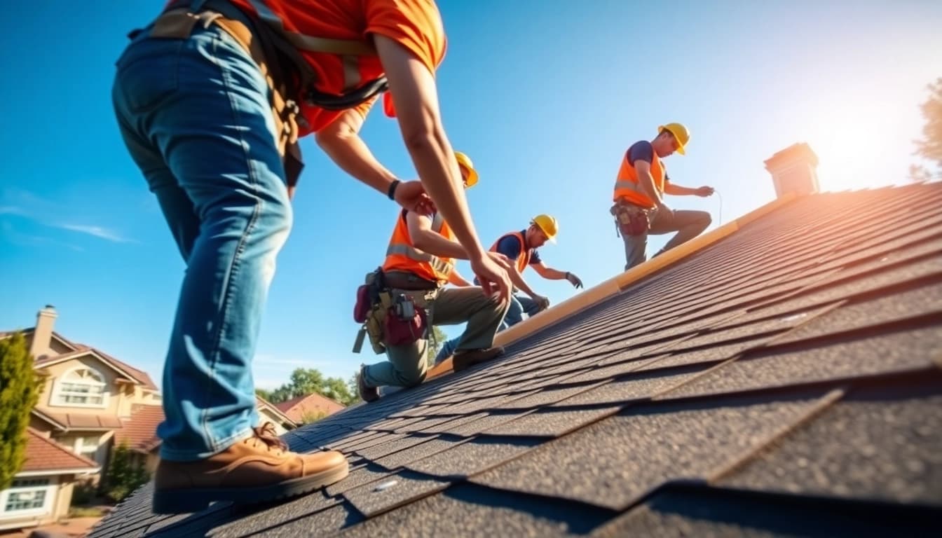 Roofing contractor Walnut Creek team installing shingles on a sunny residential rooftop.